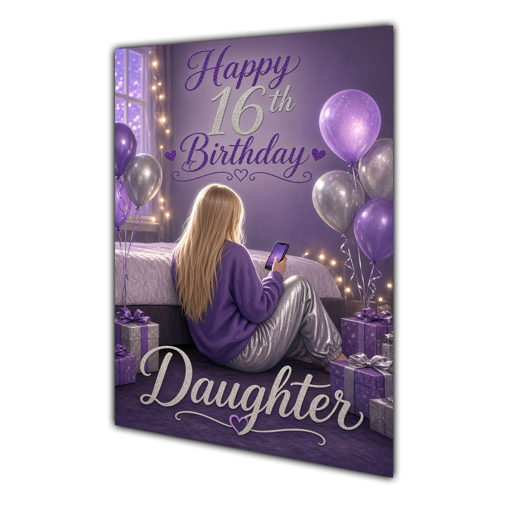 Daughter 16th Birthday Card - Girl with Phone and Purple Balloons