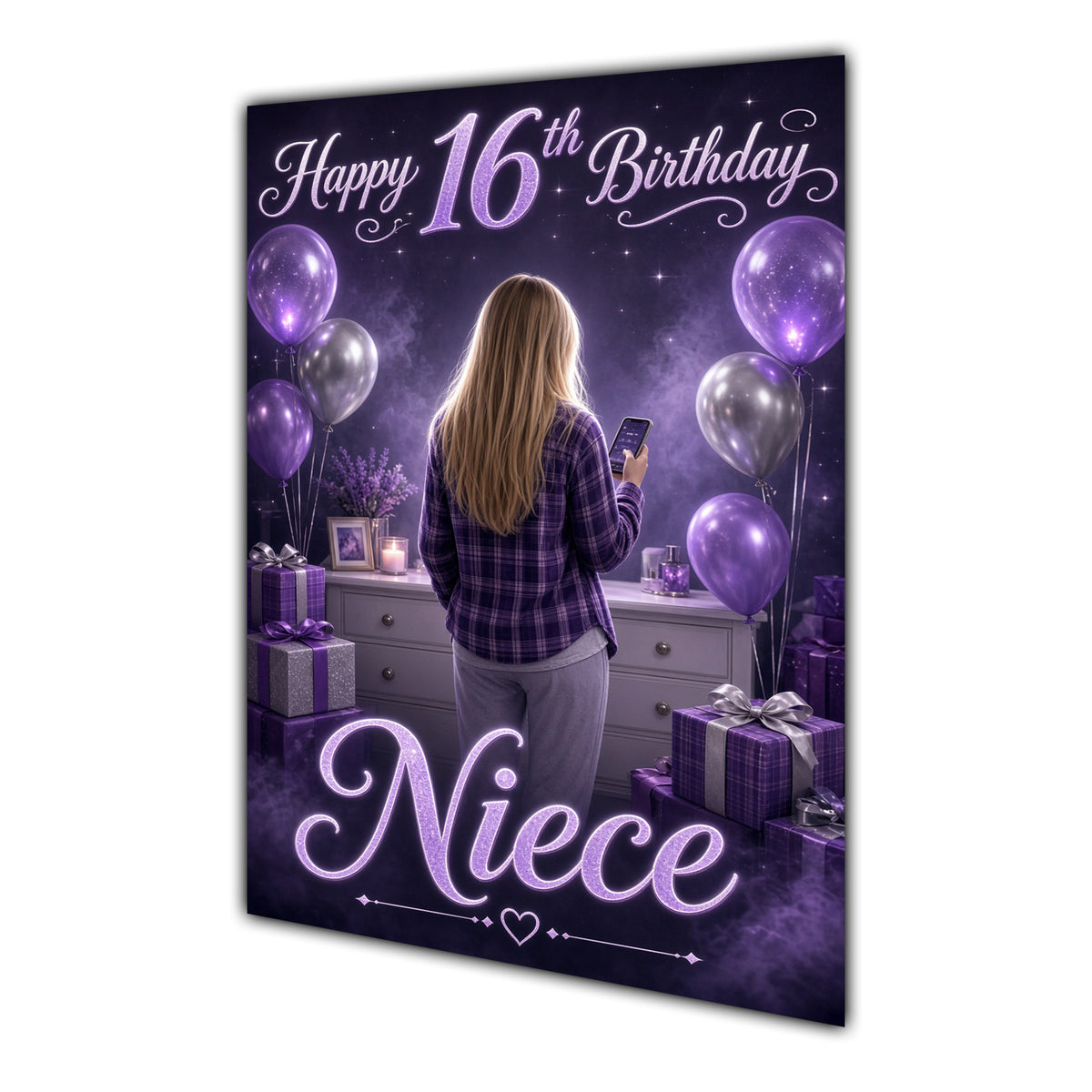 Niece 16th Birthday Card - Girl with Phone and Purple Balloons