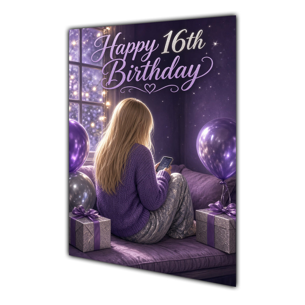 16th Birthday Card - Girl with Phone and Purple Balloons