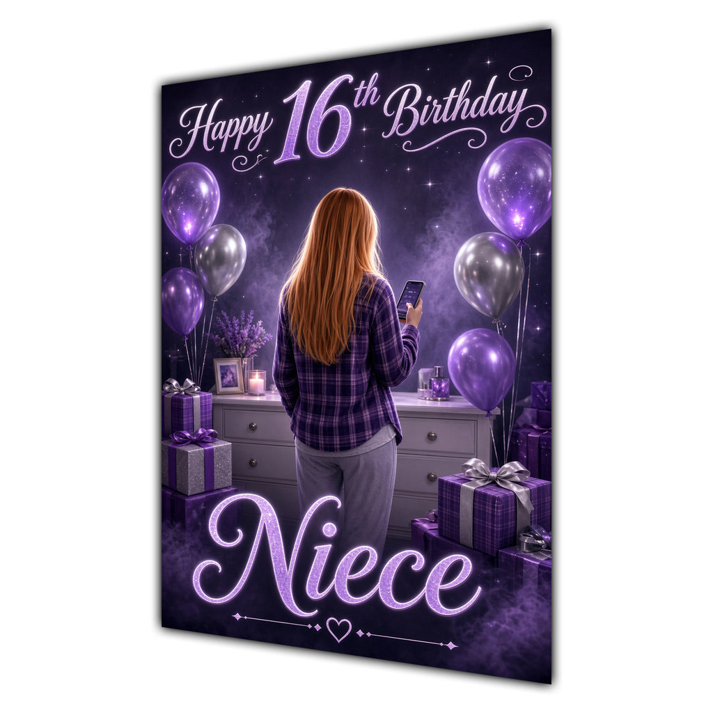 Niece 16th Birthday Card - Girl with Phone and Purple Balloons