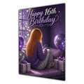 16th Birthday Card - Girl with Phone and Purple Balloons
