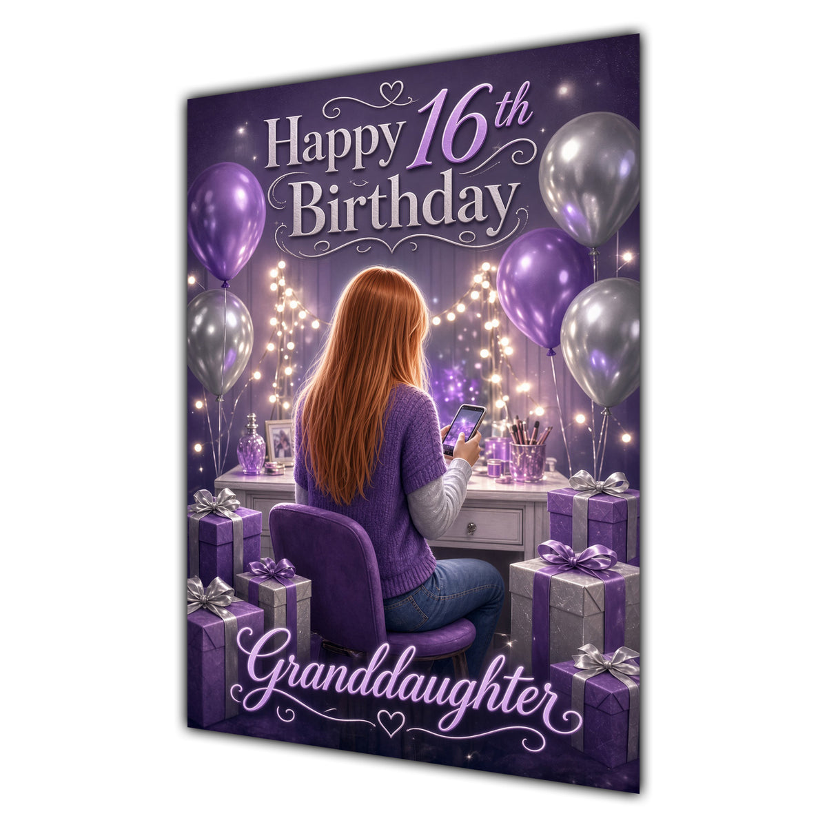 Granddaughter 16th Birthday Card - Girl with Phone and Purple Balloons