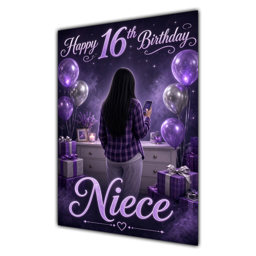 Niece 16th Birthday Card - Girl with Phone and Purple Balloons