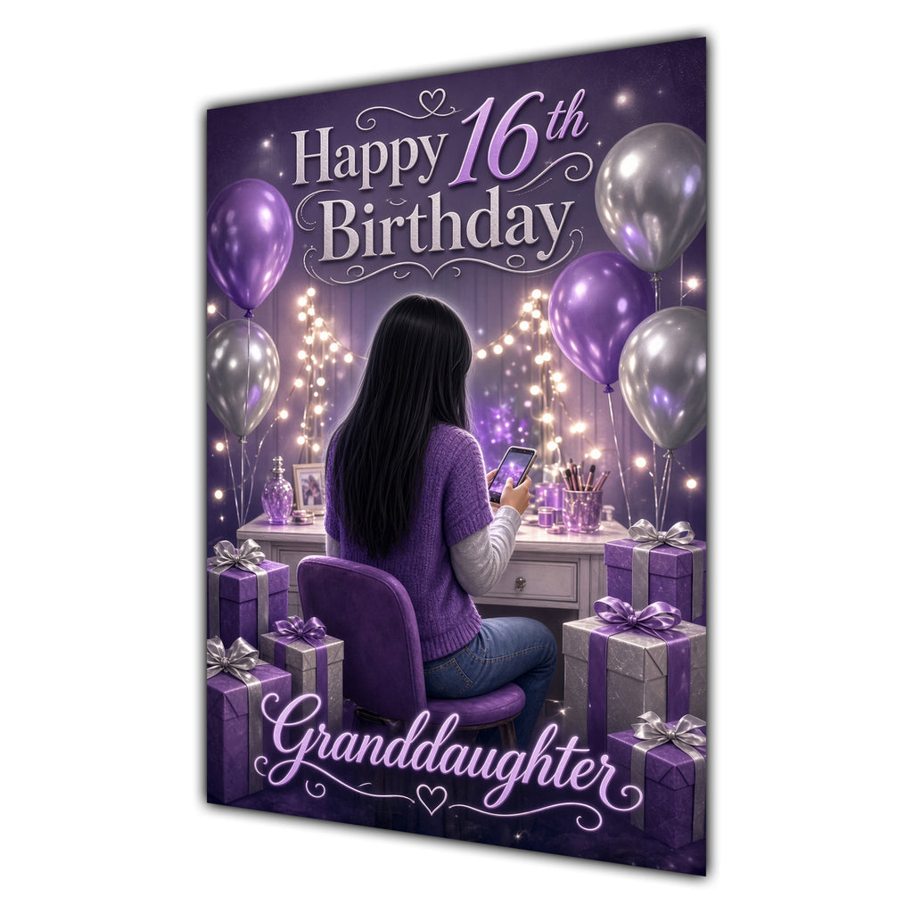 Granddaughter 16th Birthday Card - Girl with Phone and Purple Balloons