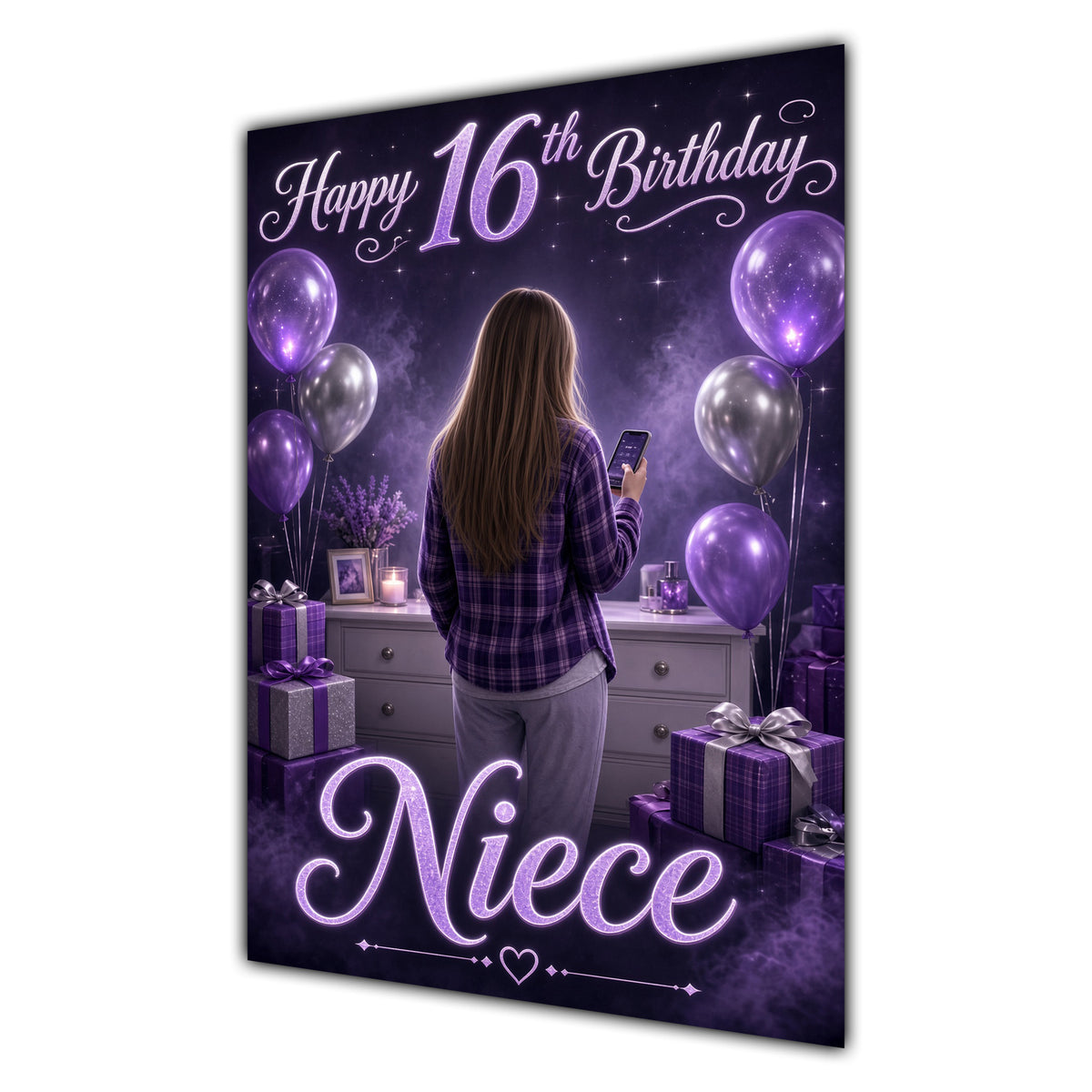 Niece 16th Birthday Card - Girl with Phone and Purple Balloons