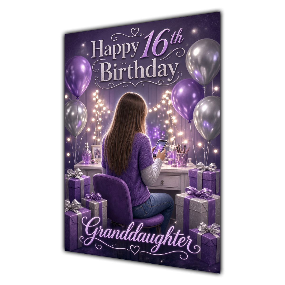 Granddaughter 16th Birthday Card - Girl with Phone and Purple Balloons