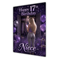 Niece 17th Birthday Card - Girl with Phone and Purple Balloons