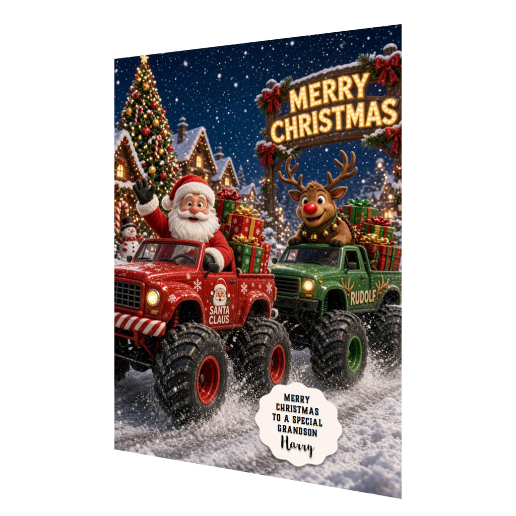 Personalised Christmas Card - Santa and Reindeer Driving Monster Trucks
