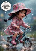 Personalised Birthday Card Girls Bike Rain Granddaughter Daughter A5 Size