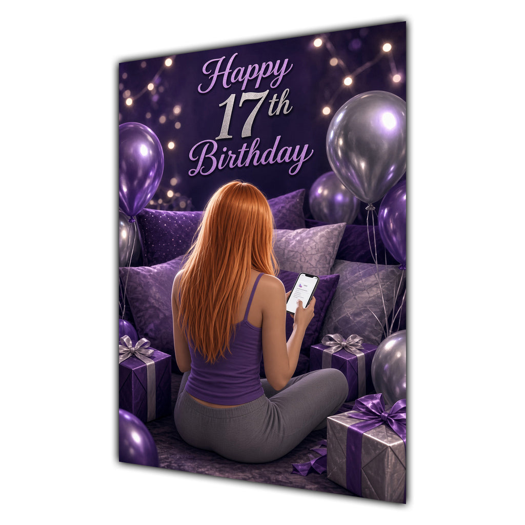 17th Birthday Card - Girl with Phone and Purple Balloons