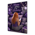 17th Birthday Card - Girl with Phone and Purple Balloons