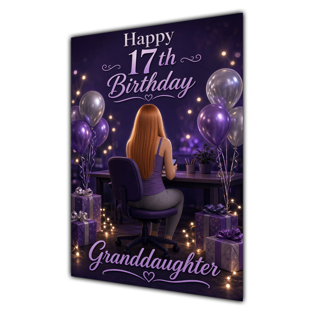 Granddaughter 17th Birthday Card - Girl with Phone and Purple Balloons
