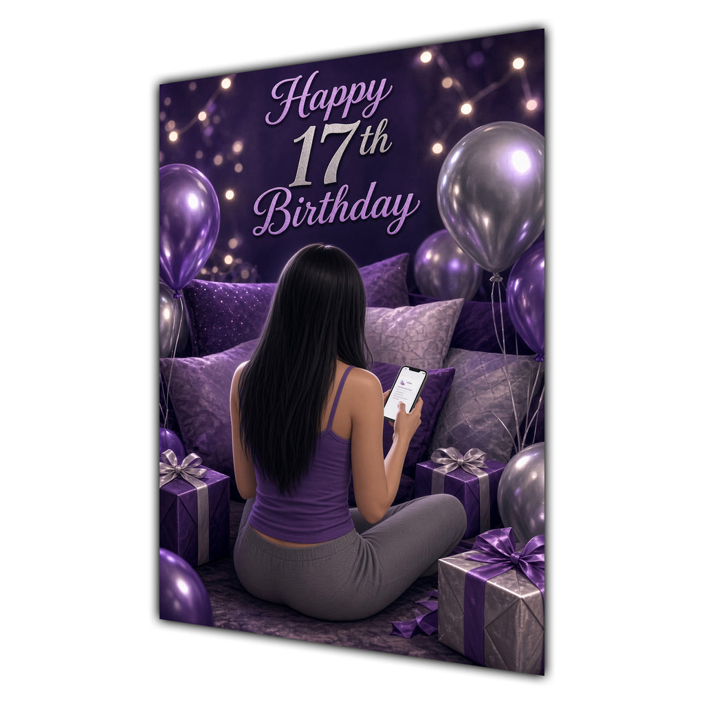 17th Birthday Card - Girl with Phone and Purple Balloons