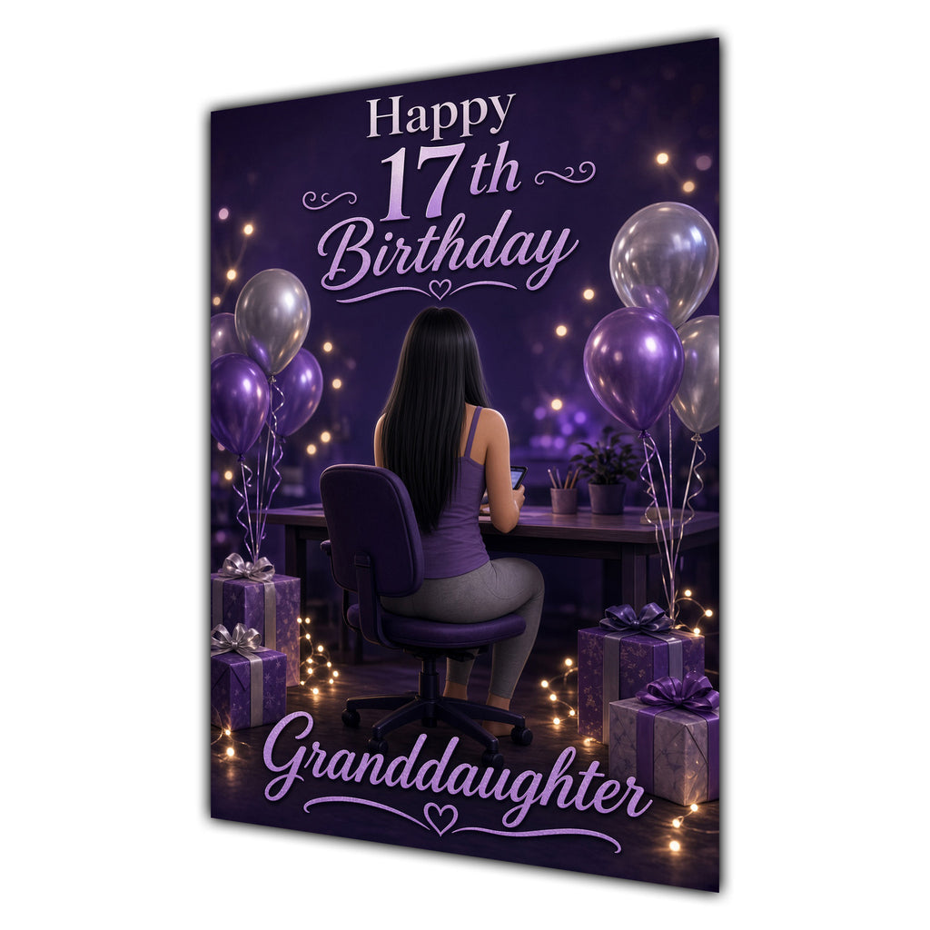 Granddaughter 17th Birthday Card - Girl with Phone and Purple Balloons