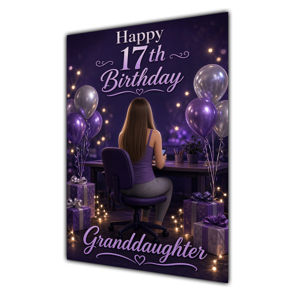 Granddaughter 17th Birthday Card - Girl with Phone and Purple Balloons