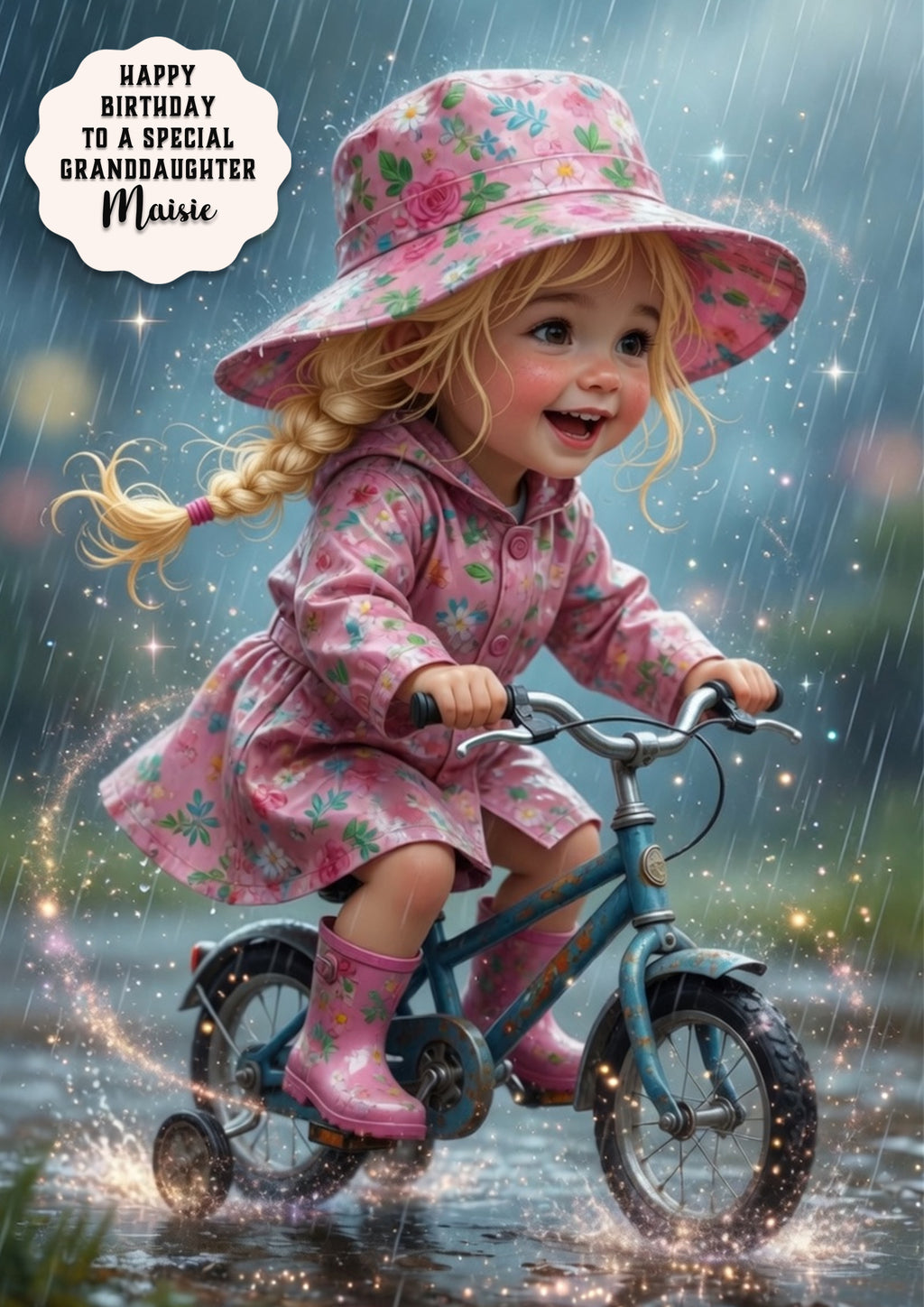Personalised Birthday Card Girls Bike Rain Granddaughter Daughter A5 Size