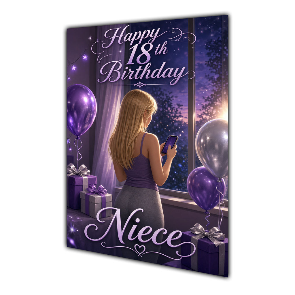 Niece 18th Birthday Card - Girl with Phone and Purple Balloons