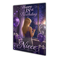 Niece 18th Birthday Card - Girl with Phone and Purple Balloons