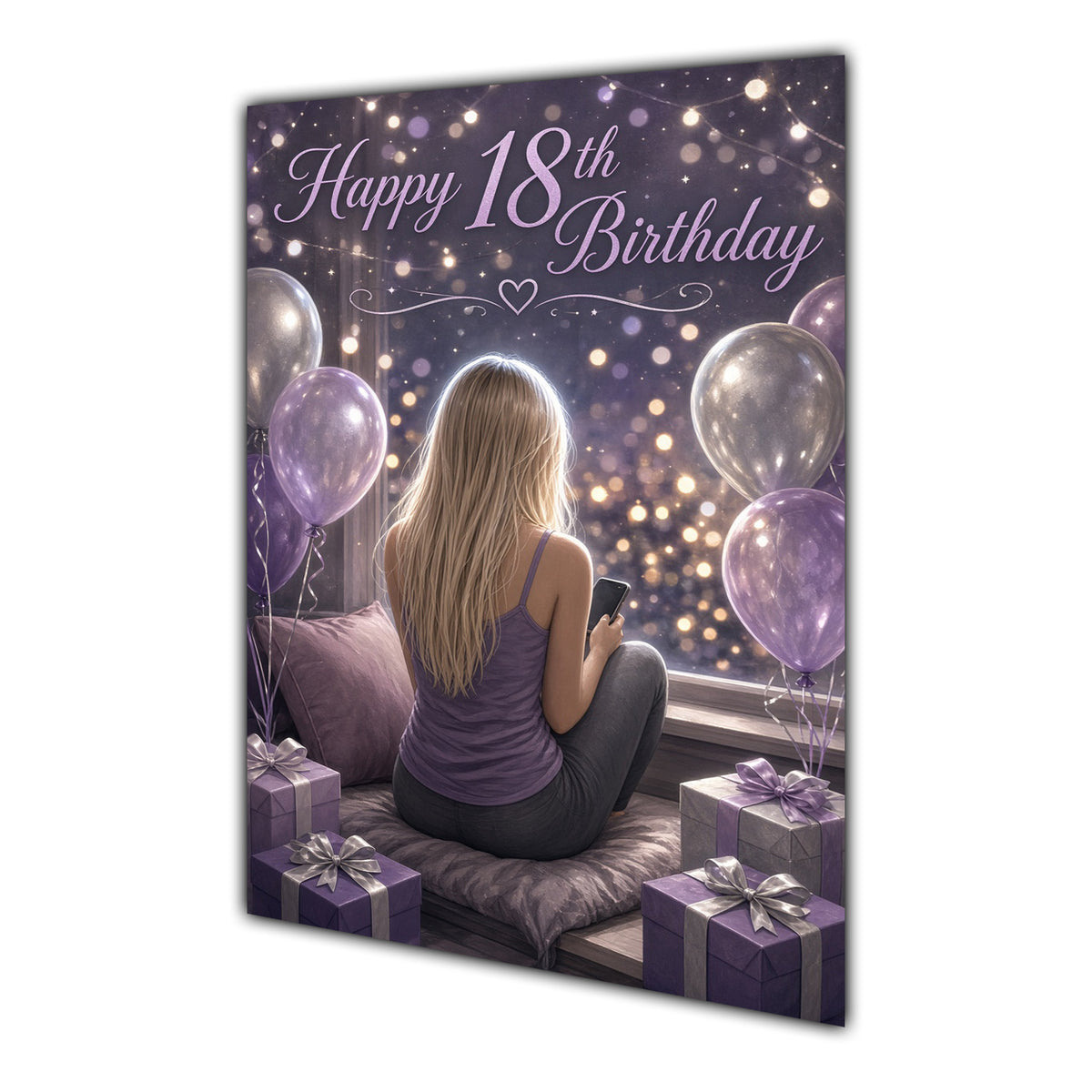 18th Birthday Card - Girl with Phone and Purple Balloons