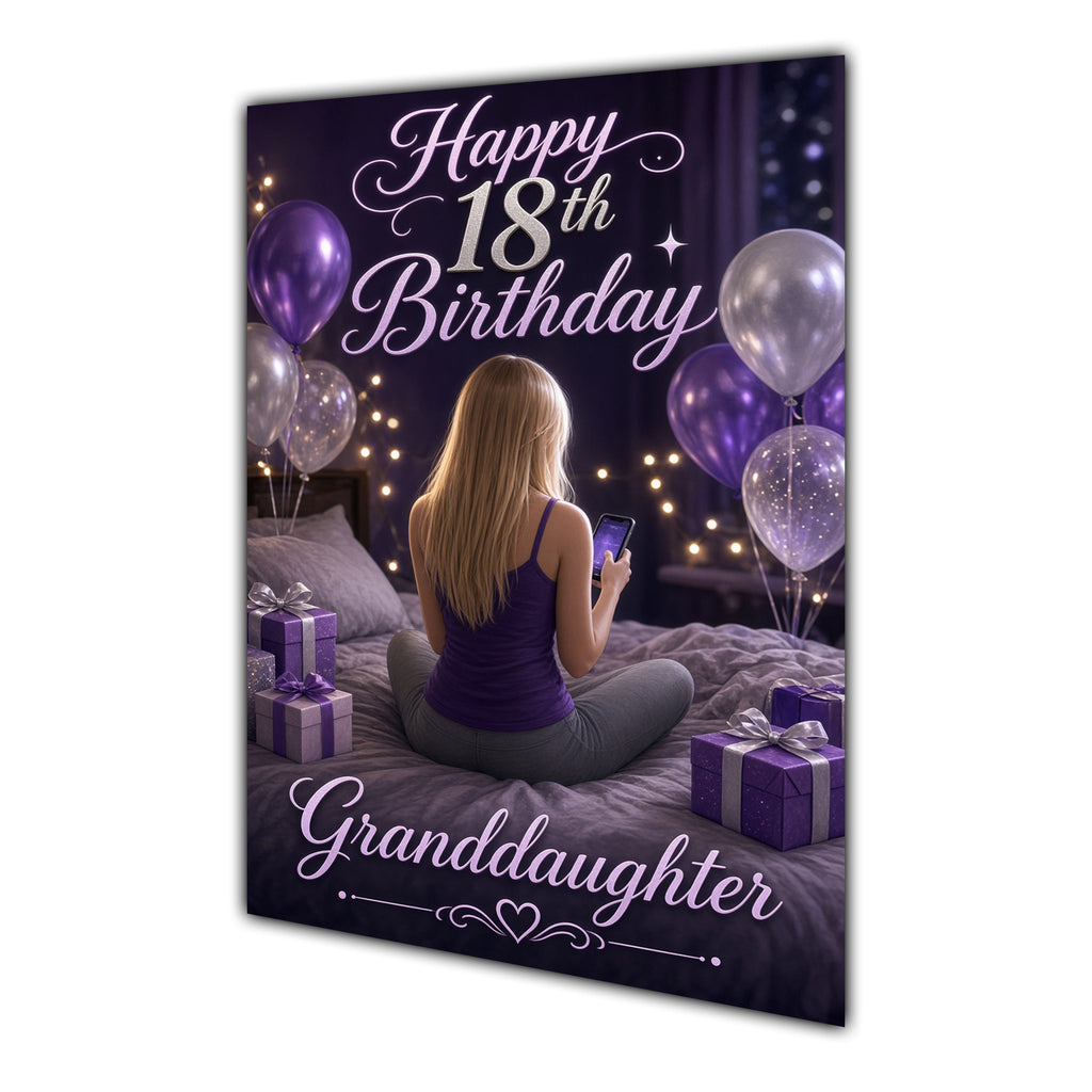 Granddaughter 18th Birthday Card - Girl with Phone and Purple Balloons