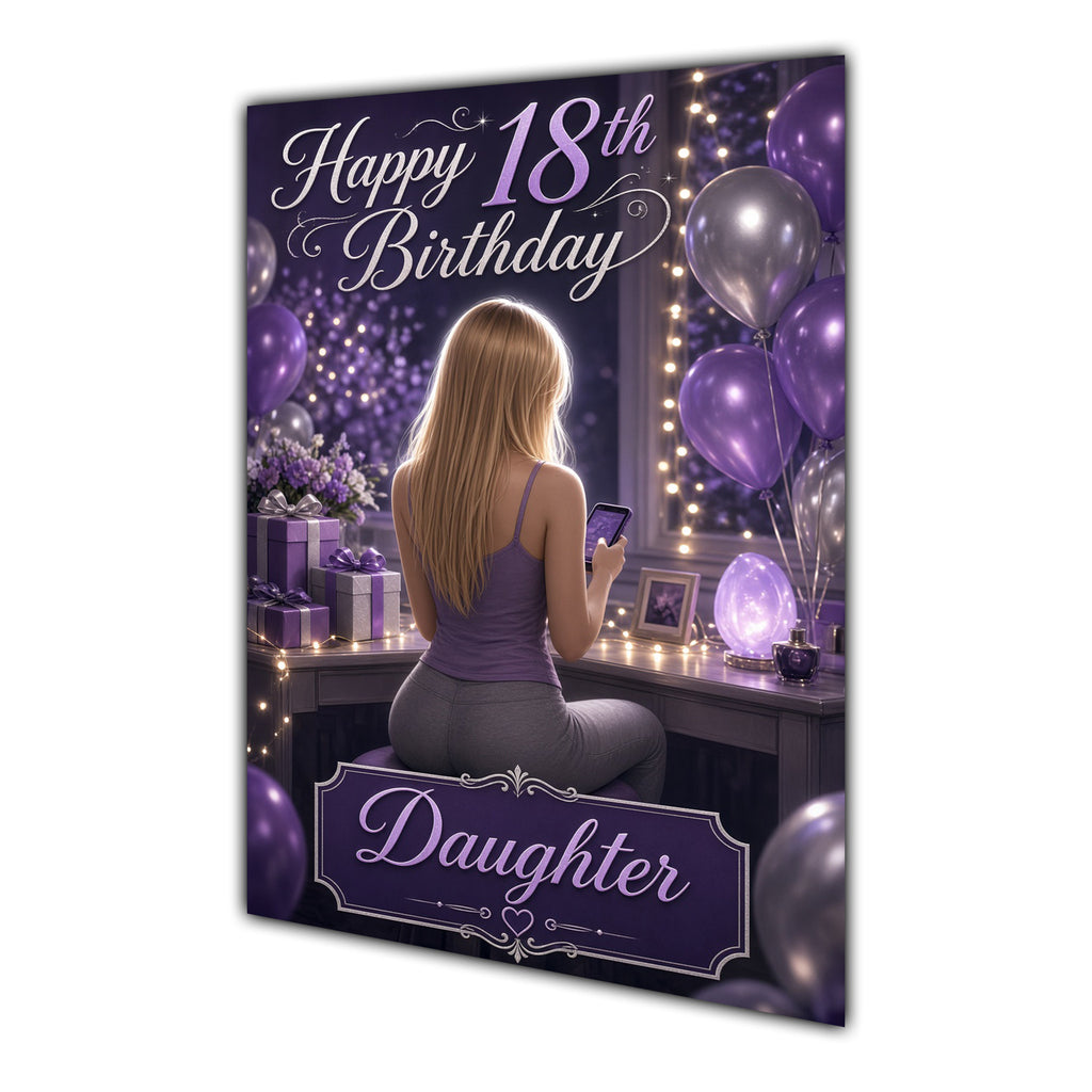 Daughter 18th Birthday Card - Girl with Phone and Purple Balloons