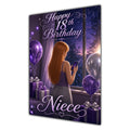 Niece 18th Birthday Card - Girl with Phone and Purple Balloons