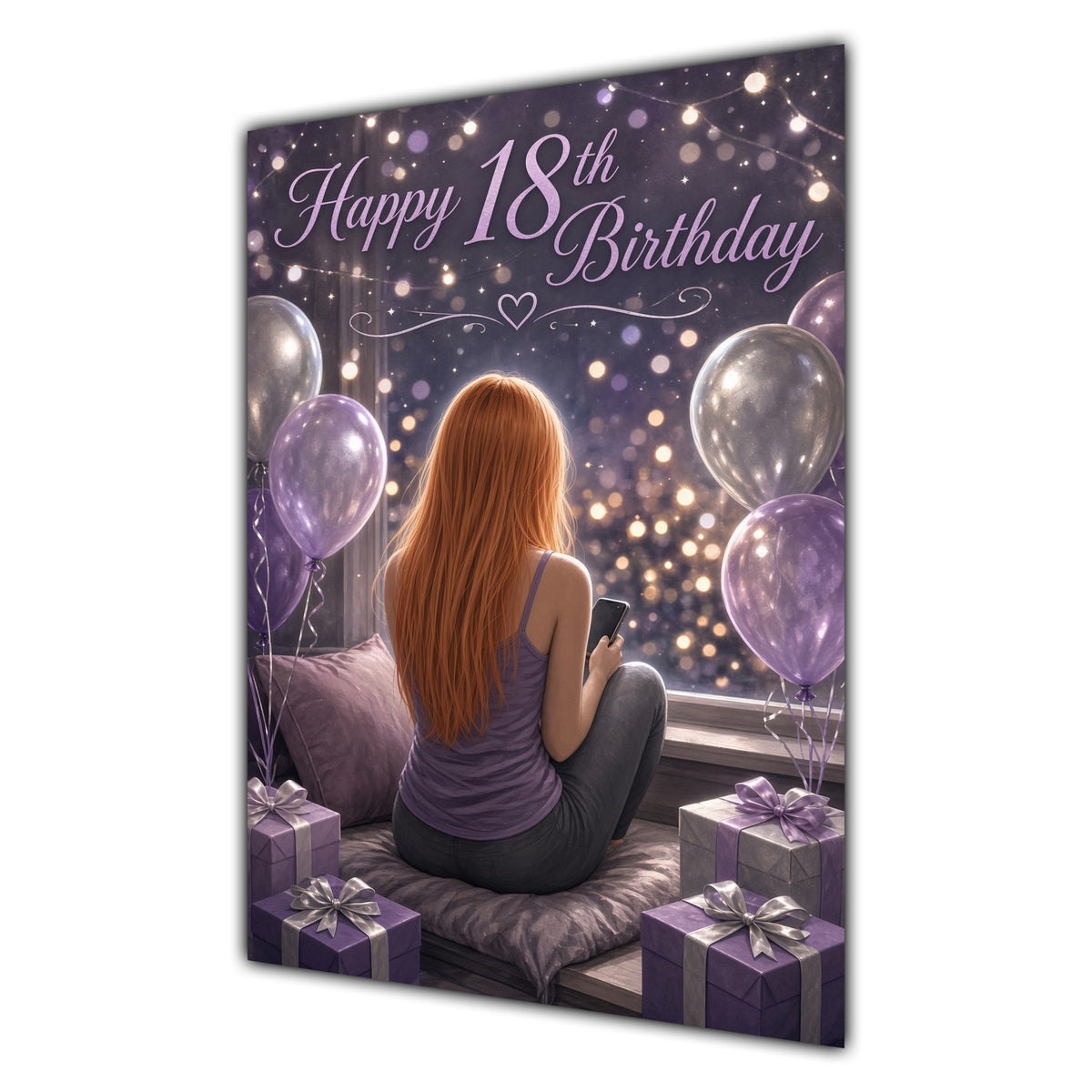 18th Birthday Card - Girl with Phone and Purple Balloons