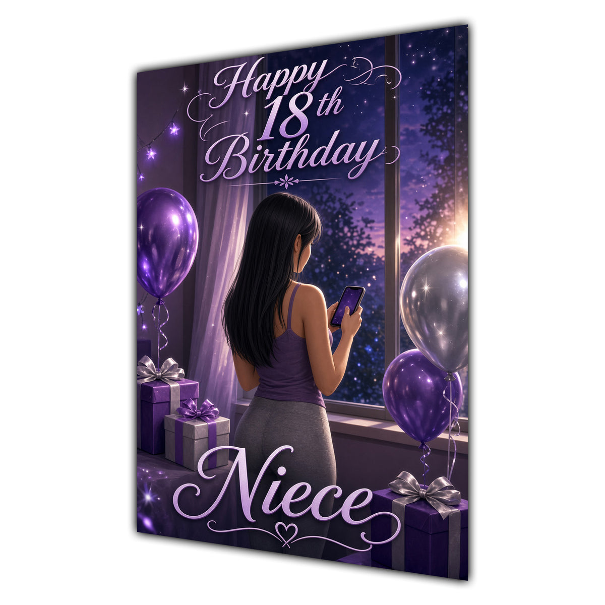 Niece 18th Birthday Card - Girl with Phone and Purple Balloons