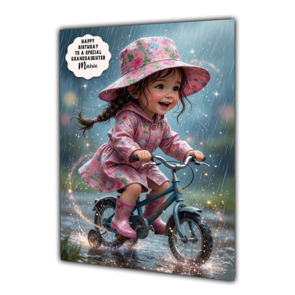 Personalised Birthday Card Girls Bike Rain Granddaughter Daughter A5 Size
