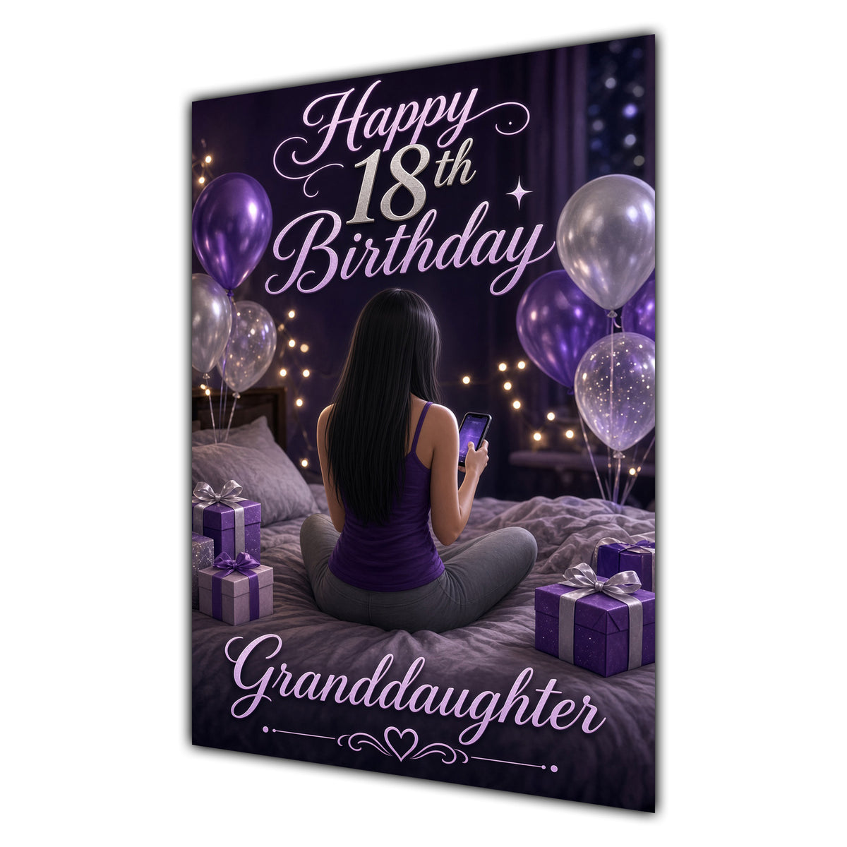 Granddaughter 18th Birthday Card - Girl with Phone and Purple Balloons