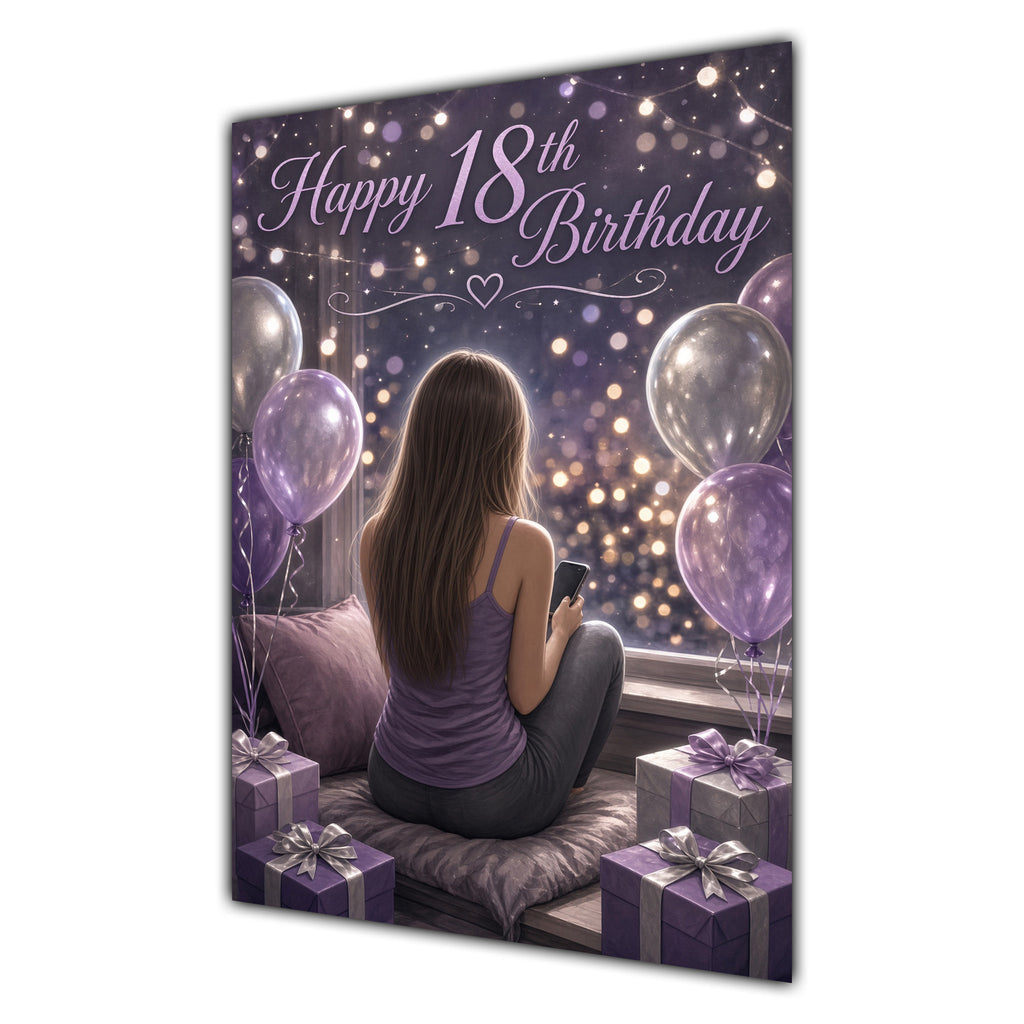 18th Birthday Card - Girl with Phone and Purple Balloons