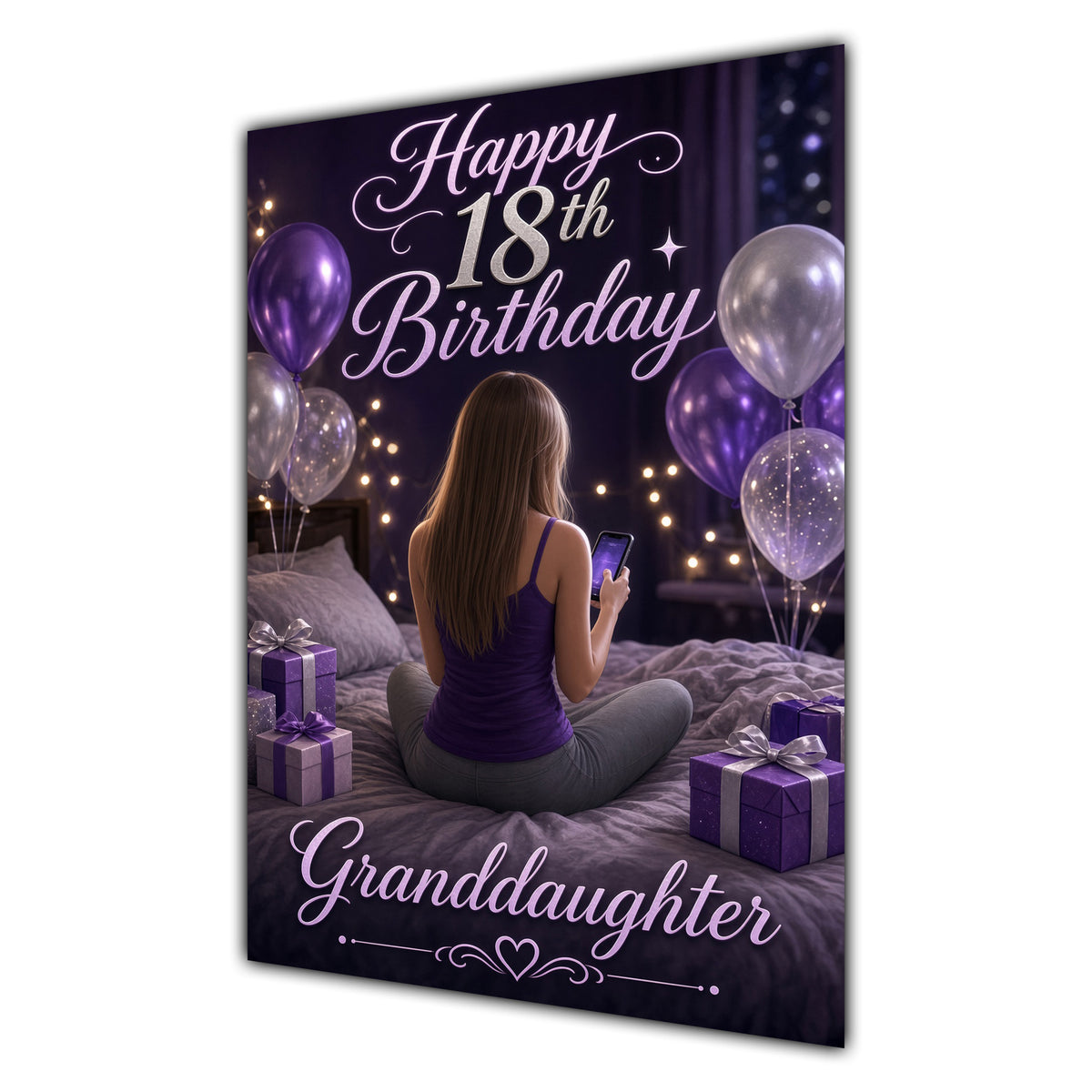 Granddaughter 18th Birthday Card - Girl with Phone and Purple Balloons