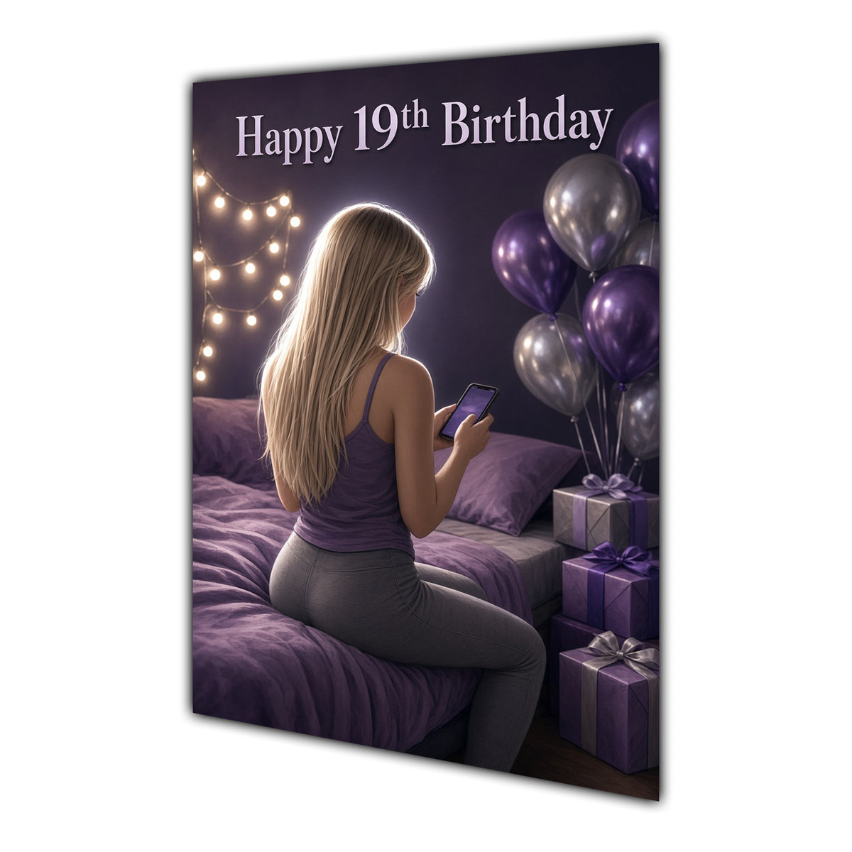19th Birthday Card - Girl with Phone and Purple Balloons