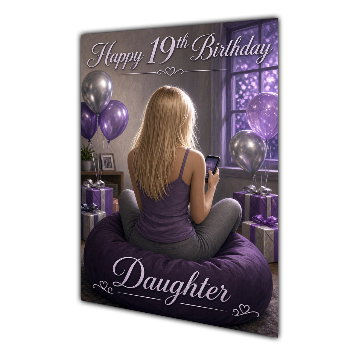 Daughter 19th Birthday Card - Girl with Phone and Purple Balloons