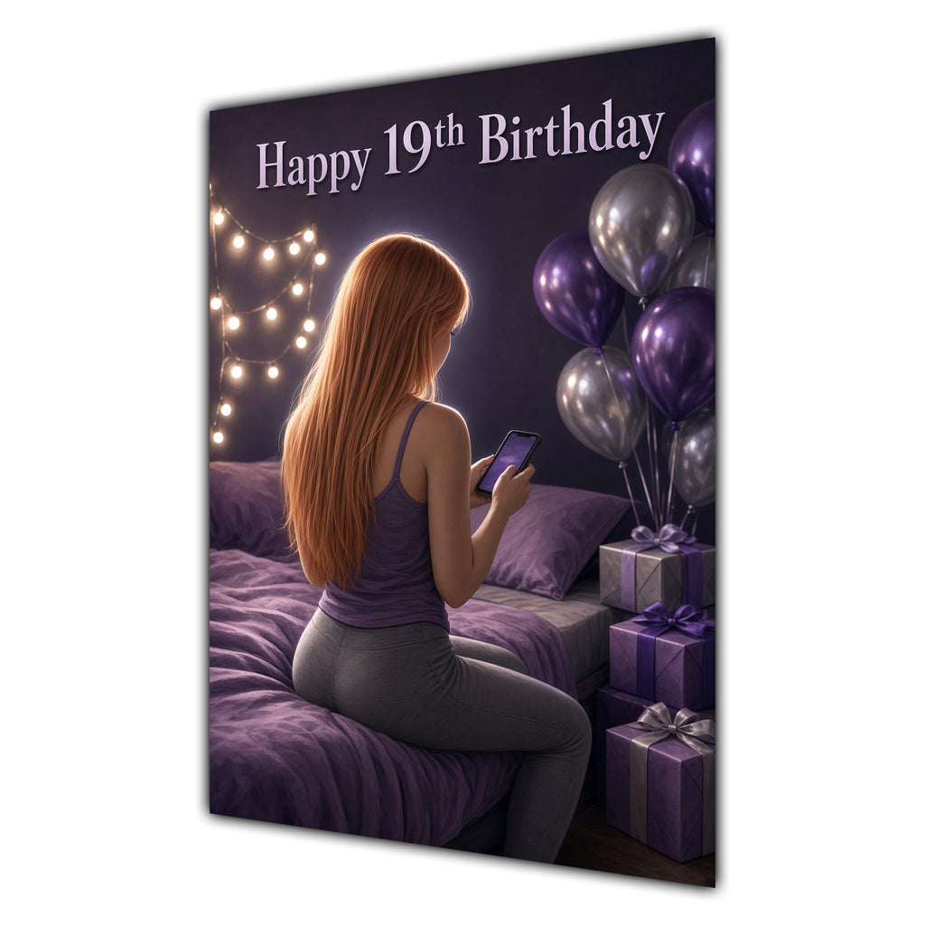 19th Birthday Card - Girl with Phone and Purple Balloons