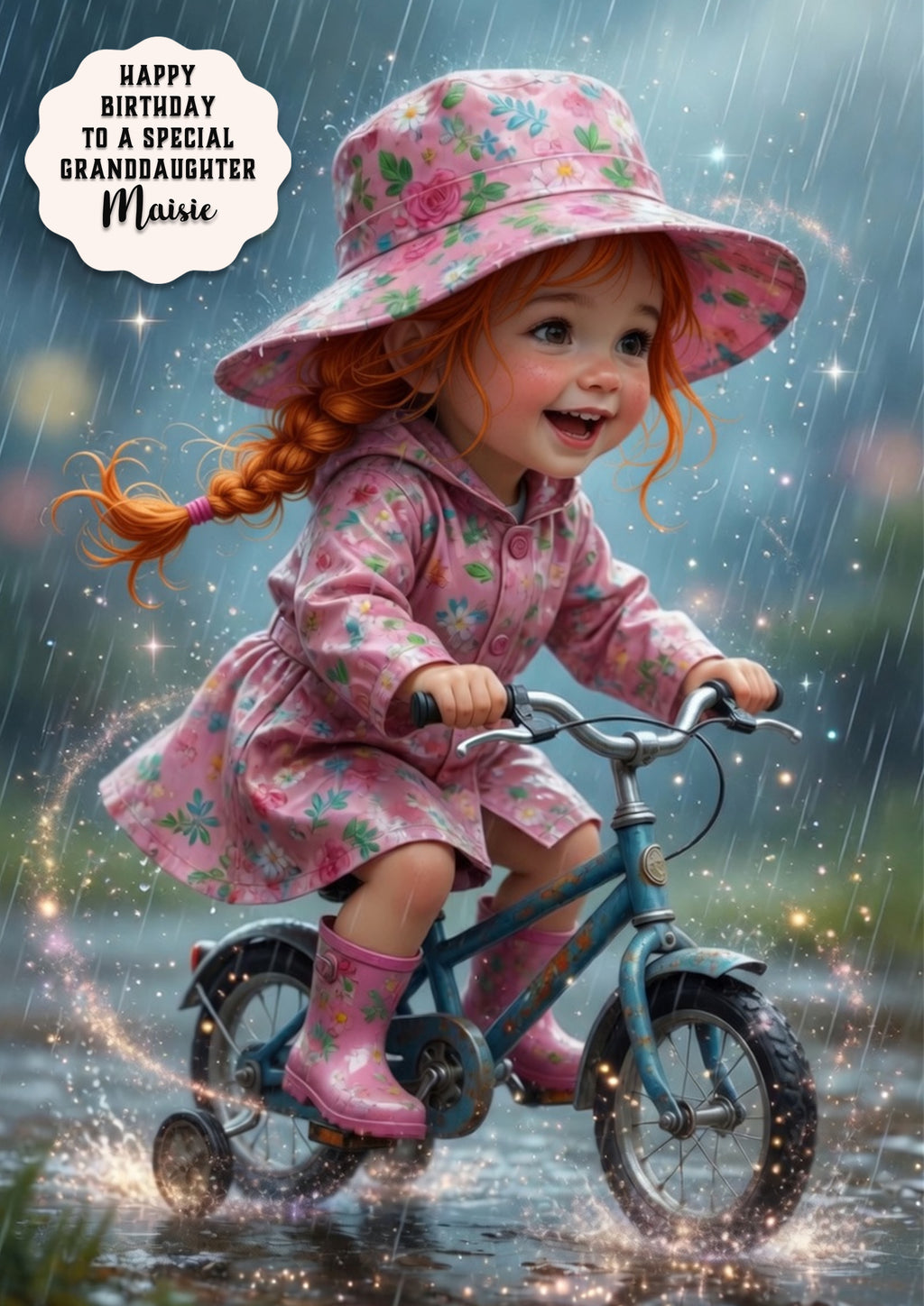 Personalised Birthday Card Girls Bike Rain Granddaughter Daughter A5 Size
