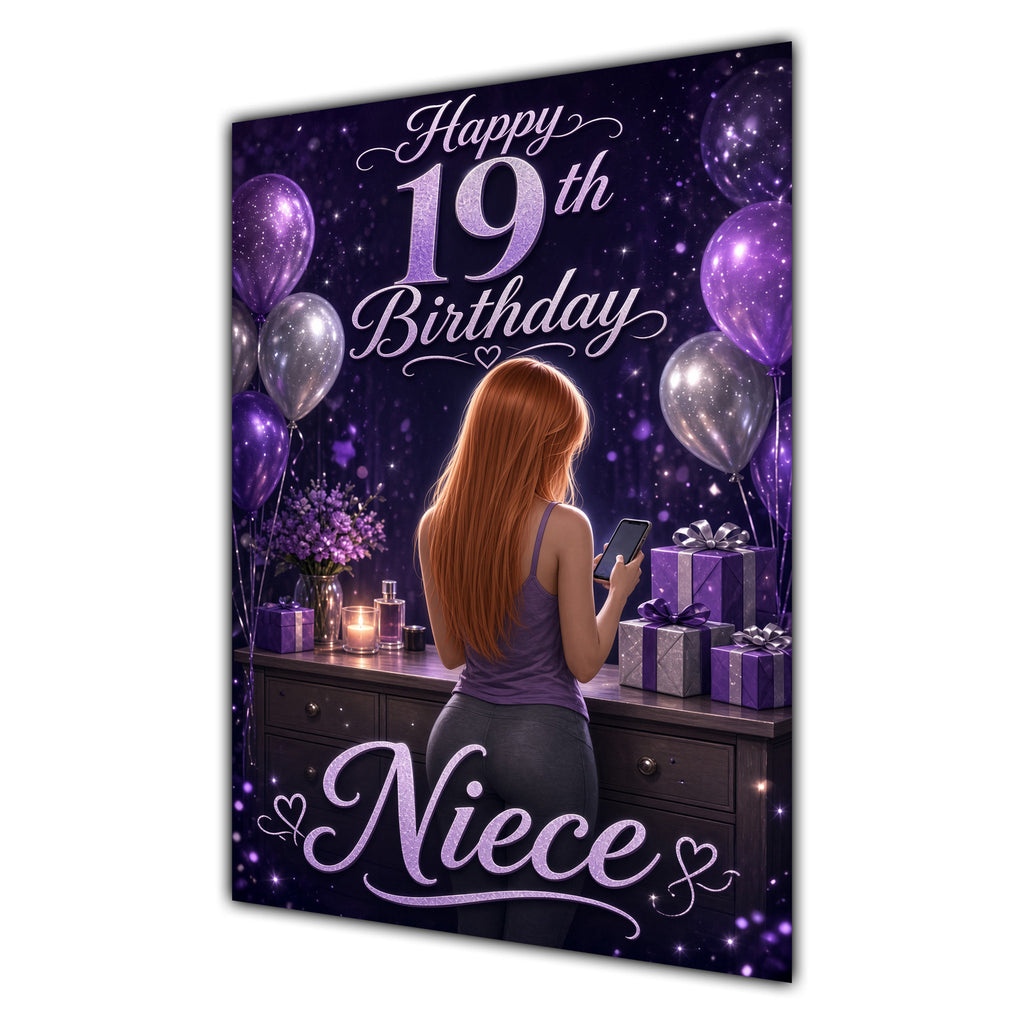 Niece 19th Birthday Card - Girl with Phone and Purple Balloons