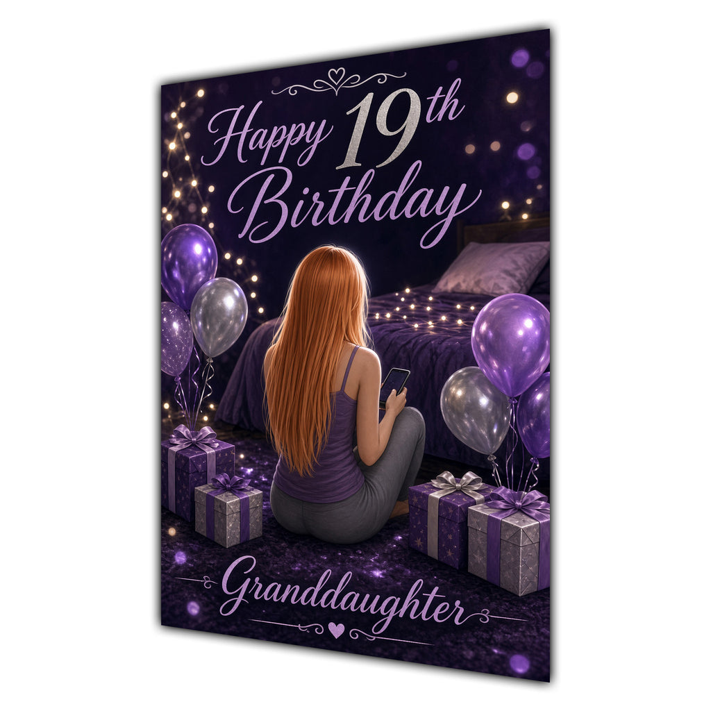 Granddaughter 19th Birthday Card - Girl with Phone and Purple Balloons