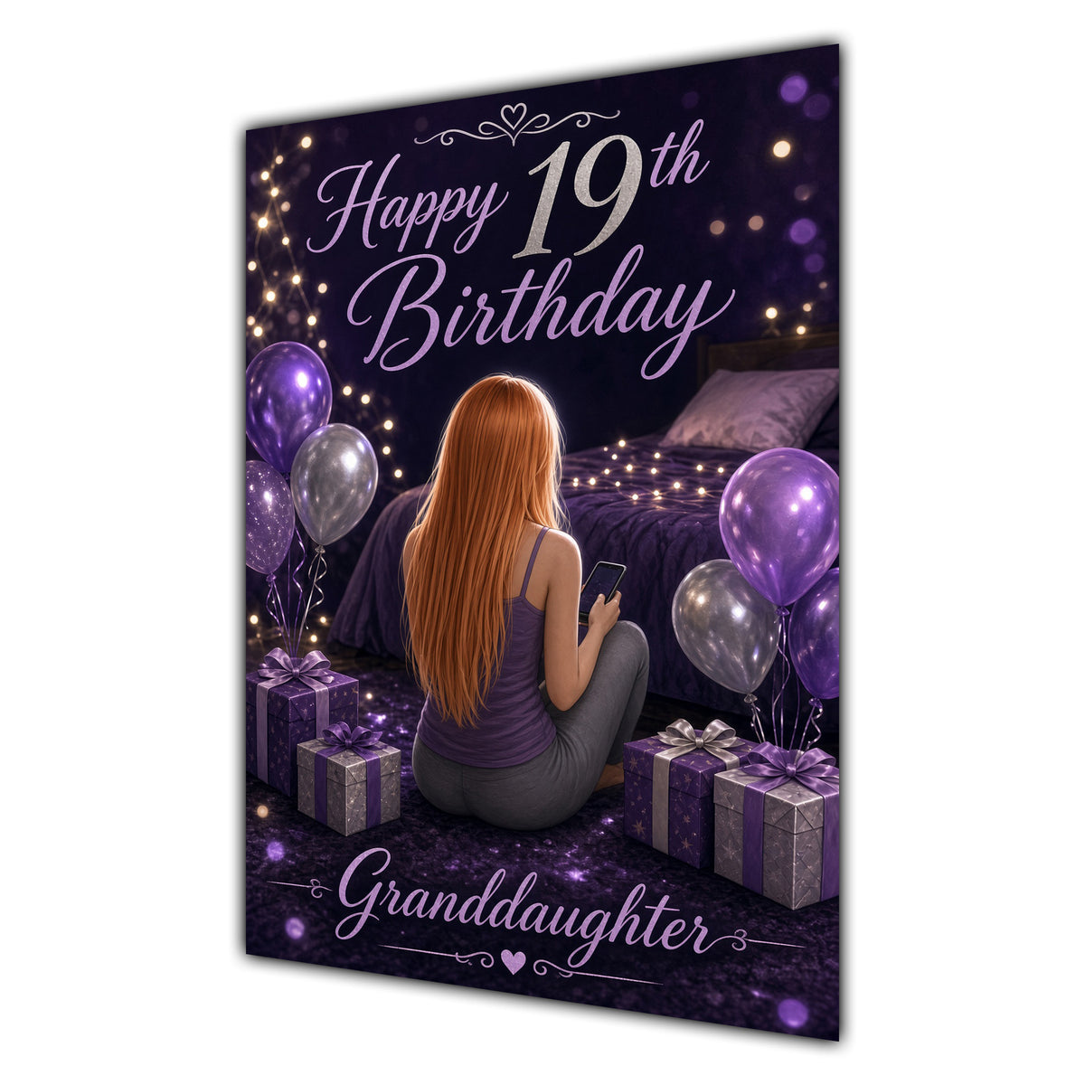 Granddaughter 19th Birthday Card - Girl with Phone and Purple Balloons