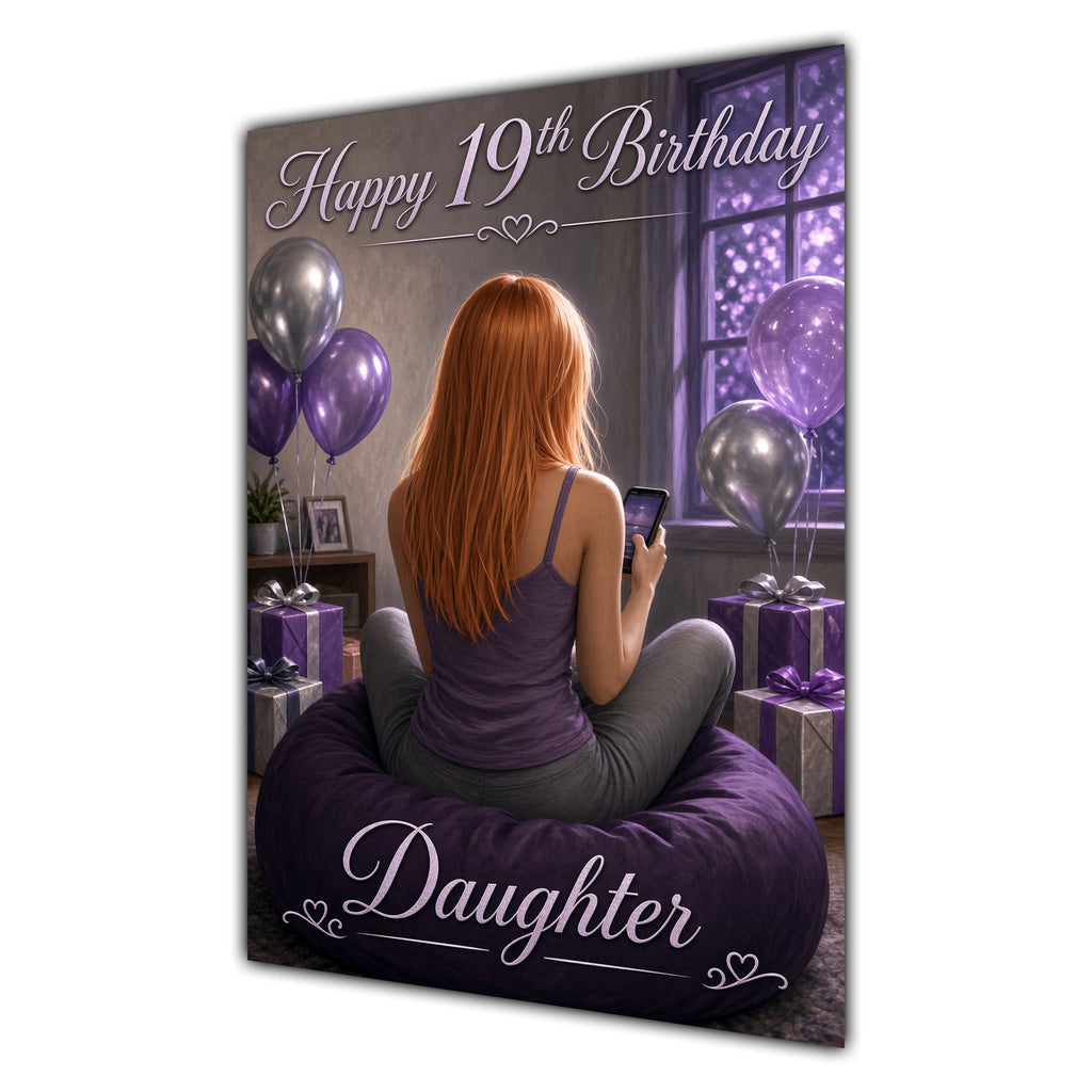 Daughter 19th Birthday Card - Girl with Phone and Purple Balloons
