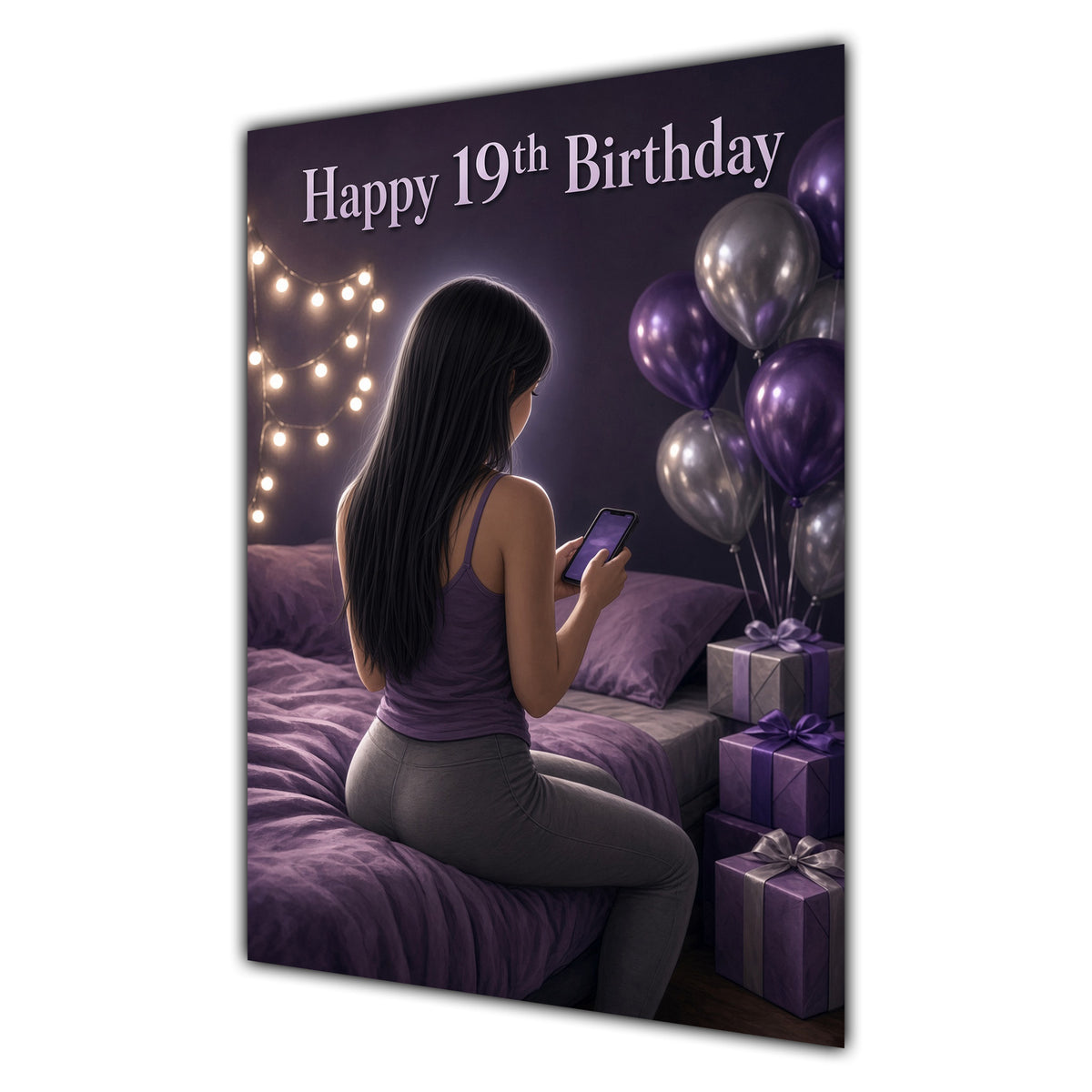 19th Birthday Card - Girl with Phone and Purple Balloons
