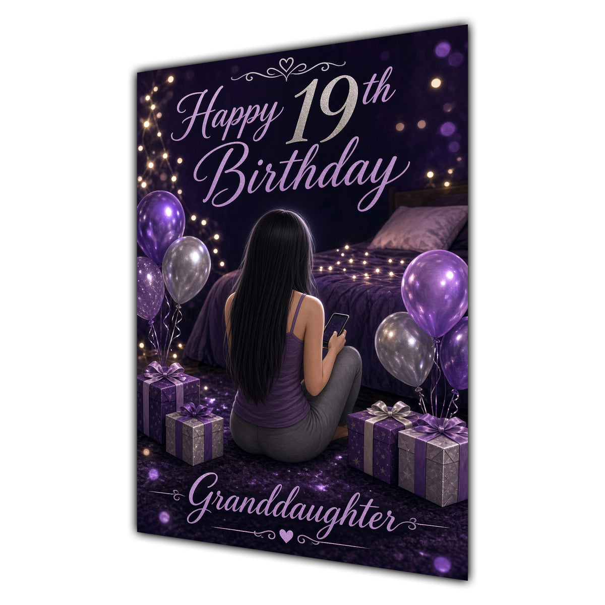 Granddaughter 19th Birthday Card - Girl with Phone and Purple Balloons
