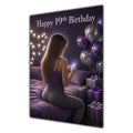 19th Birthday Card - Girl with Phone and Purple Balloons