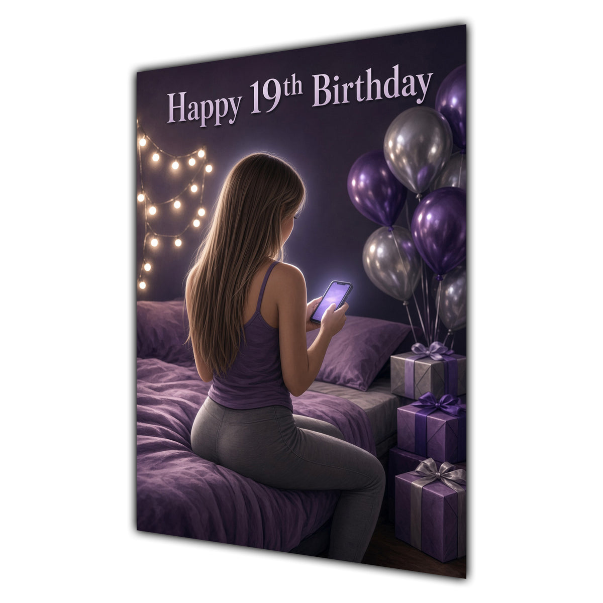 19th Birthday Card - Girl with Phone and Purple Balloons
