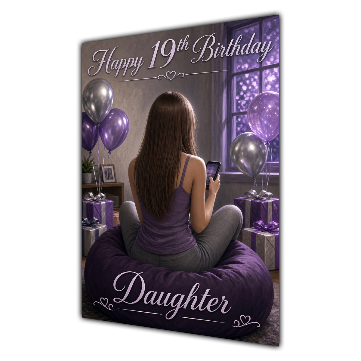Daughter 19th Birthday Card - Girl with Phone and Purple Balloons