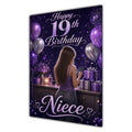 Niece 19th Birthday Card - Girl with Phone and Purple Balloons