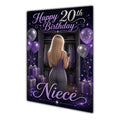 Niece 20th Birthday Card - Girl with Phone and Purple Balloons