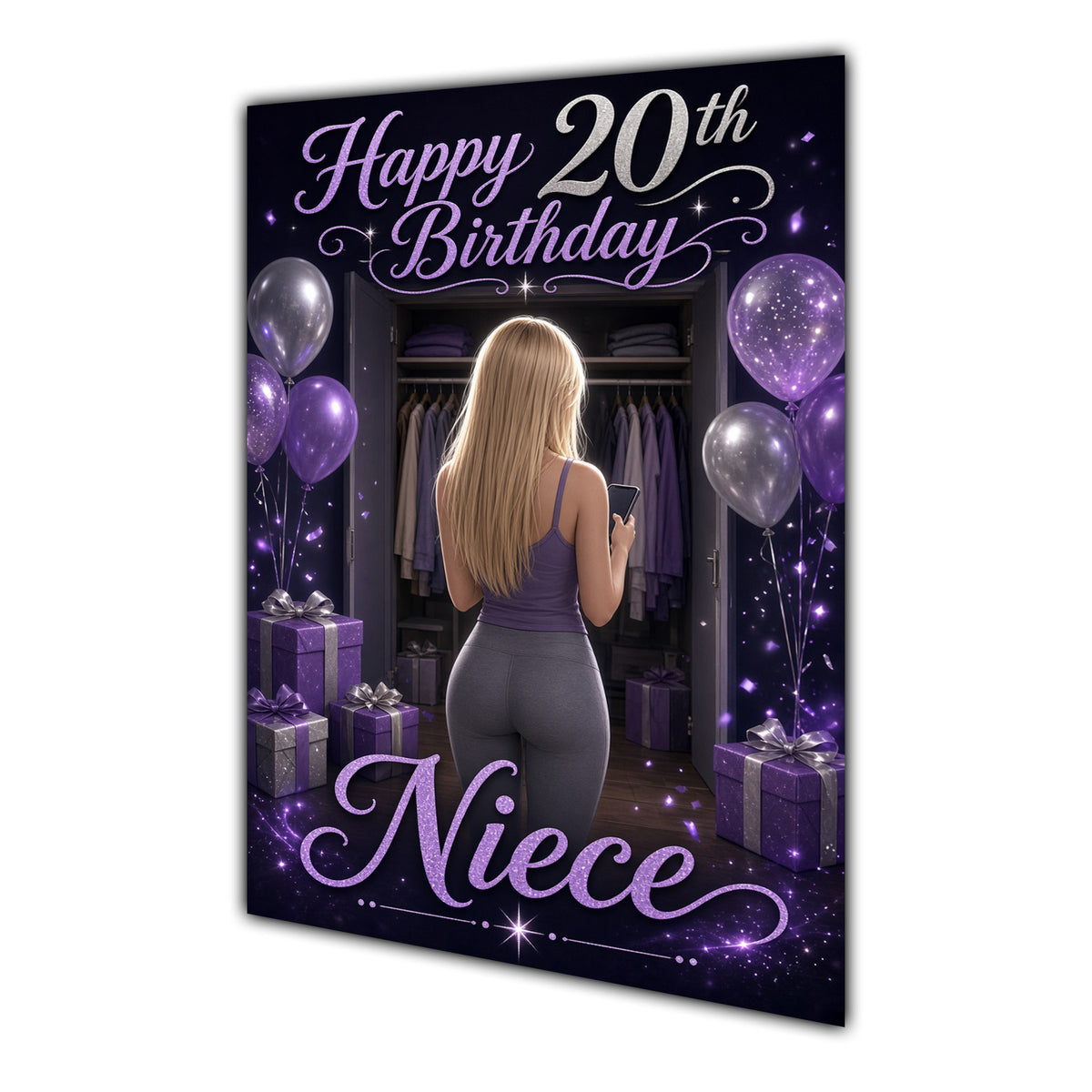 Niece 20th Birthday Card - Girl with Phone and Purple Balloons