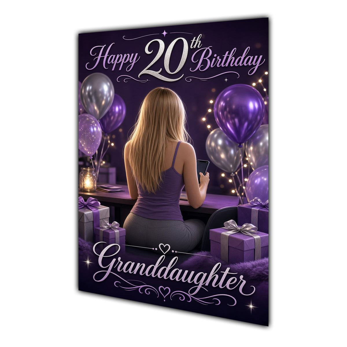 Granddaughter 20th Birthday Card - Girl with Phone and Purple Balloons
