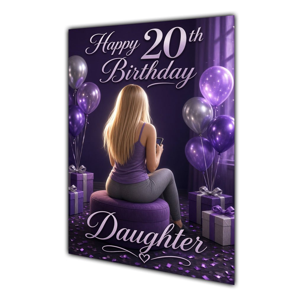 Daughter 20th Birthday Card - Girl with Phone and Purple Balloons